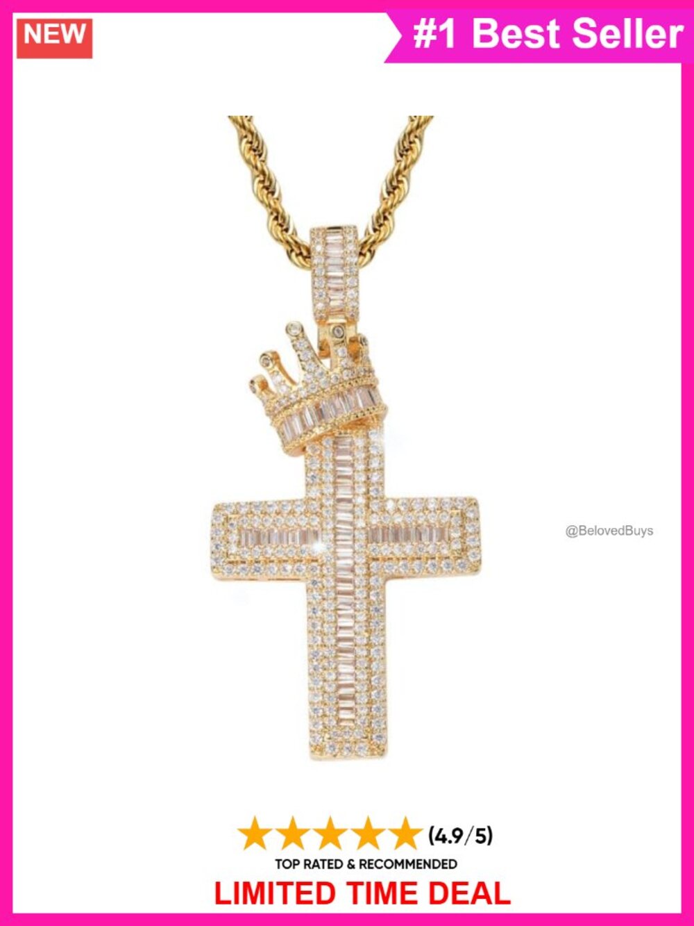 18K Gold Plated Twist Rope Chain Cross Pendant Necklace 24in Unisex Gift
